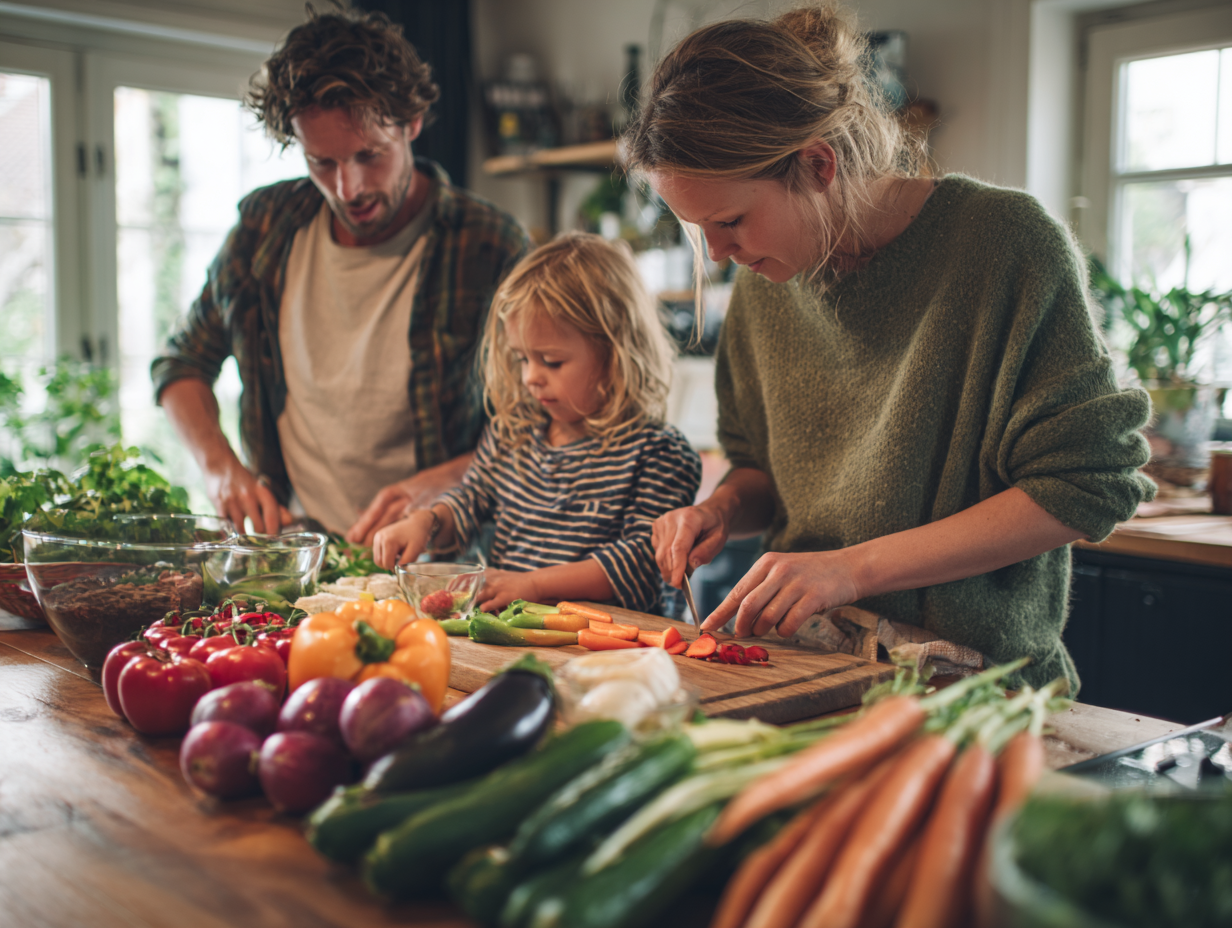 Родина готує здорову їжу разом на кухні, овочі та фрукти на столі